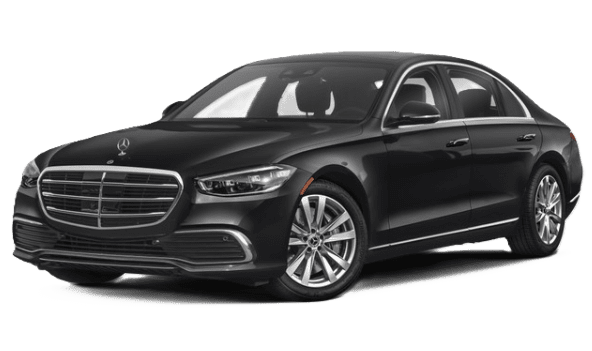 A sleek black luxury sedan with chrome accents and a modern design.