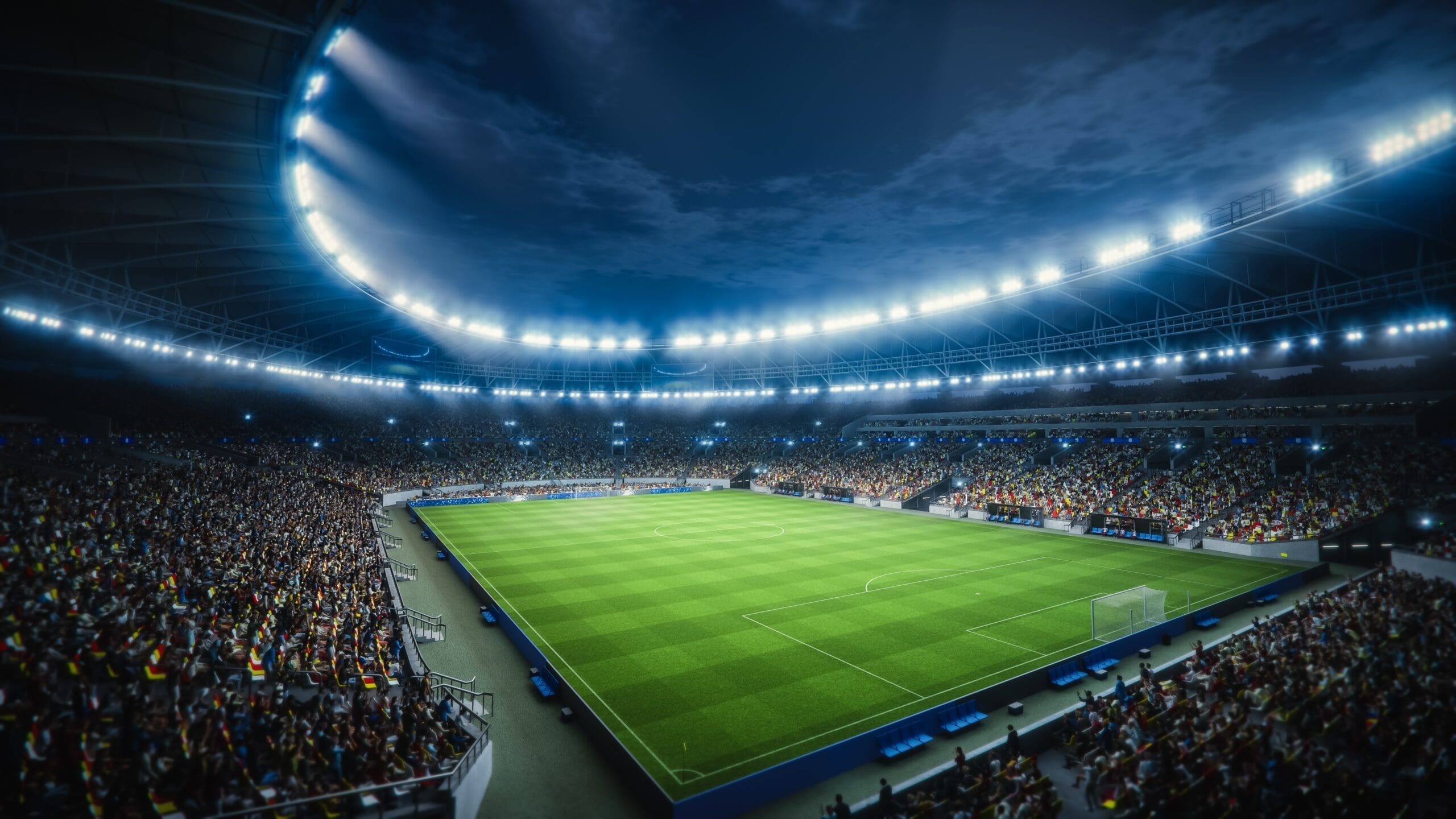 Night,Drone,Flight,Around,A,Soccer,Stadium.,Aerial,Views,Capture